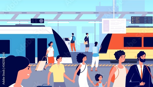Railway station. Trains transport, city tourism and traveller. Crowd with suitcases on commuter train or subway platform vector illustration. Train railway, metro station, city subway transport