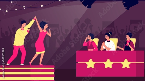 Talent show. Tv stage artist, music contest. Television singers competition and jury. Guy girl on scene, vocal success vector illustration. Show talent performance, music and musician entertainment