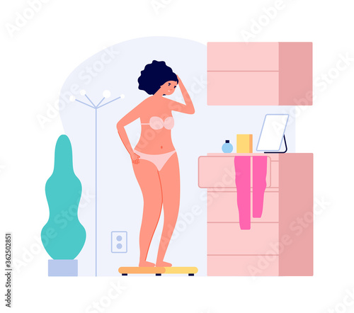 Fat girl weighed. Overweight, upset woman on scales in room.Flat female character need diet vector illustration. Weighing female, obese woman on scale