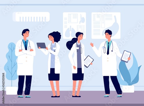 Doctors in hospital. Medical team working, nursing and healthcare. Clinic staff talking and smiling vector illustration. Medical hospital team, medicine and health, doctor with stethoscope