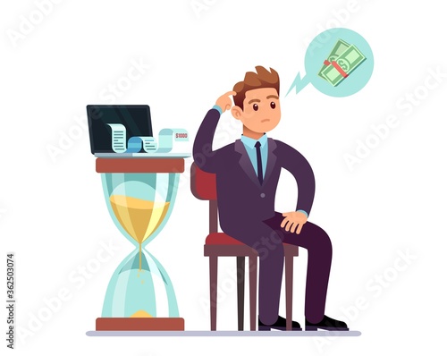 Financial crisis. Debt problem, loan bill or bankruptcy. Man has credits, no money to payments. Thinking businessman and serious banking troubles vector illustration. Finance debt and money credit