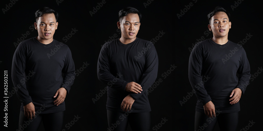 Front portrait with various styles of a young man. A young man with a blank black shirt, front and back views, black background isolated with a clipping point. Design men tshirt templates and mockups 