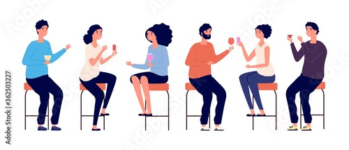 People sitting on bar stools. Friends meeting, man woman drinking cocktails wine. Isolated boy girl in bar or cafe, evening or birthday party vector illustration. Stool bar, woman and man sit on chair