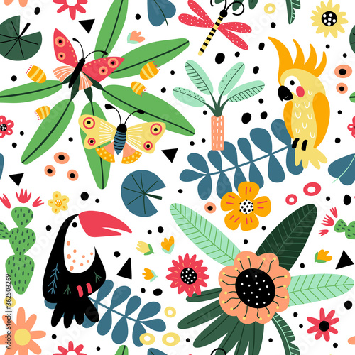 Floral background with parrots and toucans