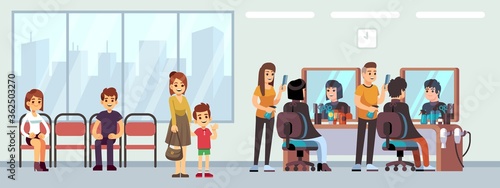 Queue in barber shop. People waiting haircut, cartoon women men child in parlor. Hairdressing salon waiting line, happy male female hairdresser vector illustration. Queue to hairdresser in barbershop