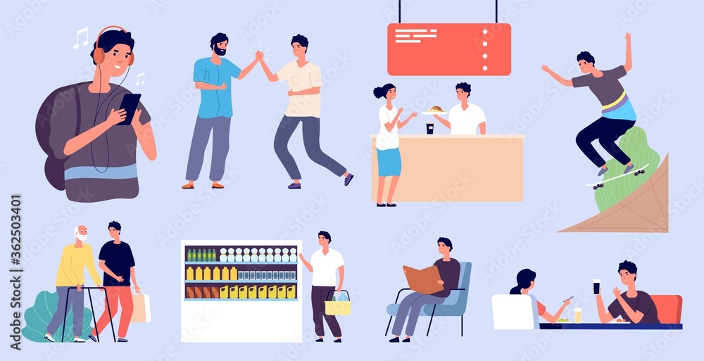 Student life. Single man lifestyle, adult or teenager activities. Guy listen music, work in cafe, reading book eating with girlfriend and volunteering. Routine of young boy vector illustration Student life. Single man lifestyle, adult or teenager activities. Guy listen music, work in cafe, reading book eating with girlfriend and volunteering. Routine of young boy vector illustration