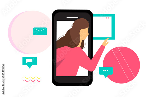 Silhouette of a girl looking out of the phone. The concept of online communication, virtual reality. Vector illustration, perfect for websites and startups.