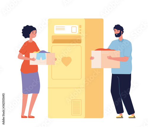 People with donation boxes. Clothes charity bank or recycling bin. Happy man woman donate clothing, isolated volunteers vector illustration. Charity and donation, care goodwill and help