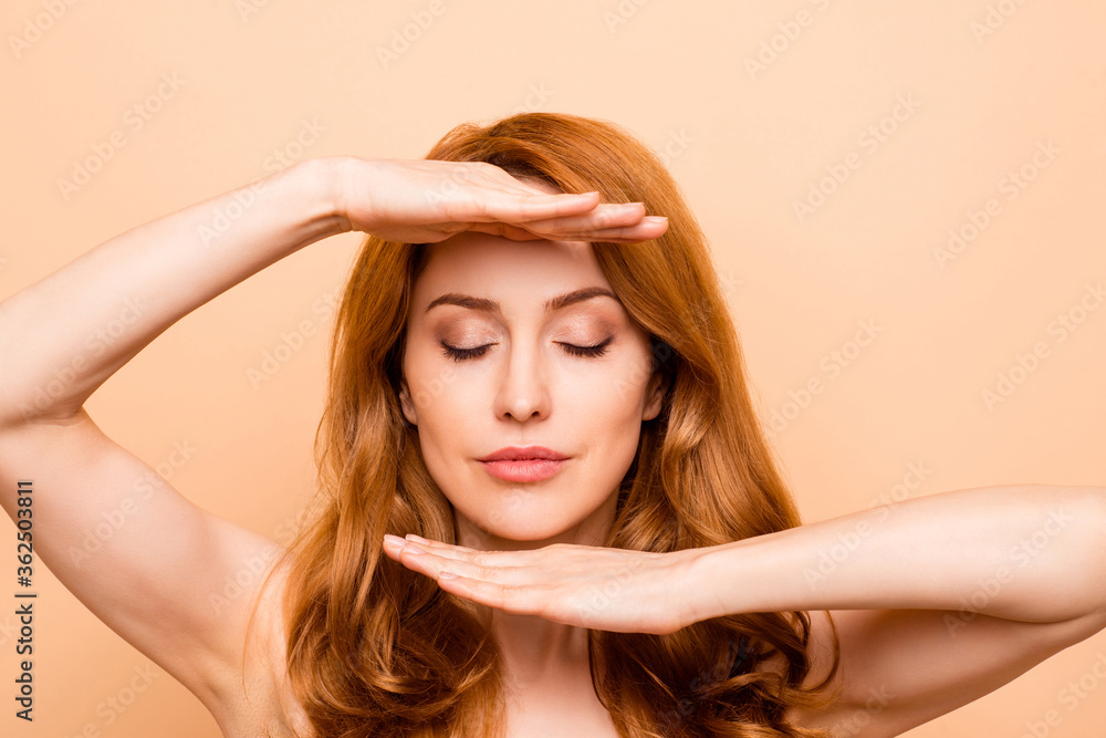Profile side view close-up portrait of her she nice attractive wavy-haired lady demonstrating effective mask laser surgery perfection closed eyes isolated over beige background Profile side view close-up portrait of her she nice attractive wavy-haired lady demonstrating effective mask laser surgery perfection closed eyes isolated over beige background