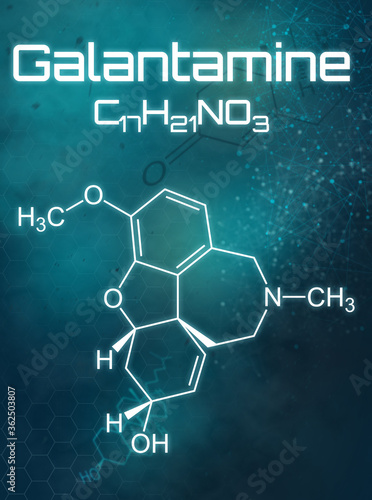 Chemical formula of Galantamine on a futuristic background