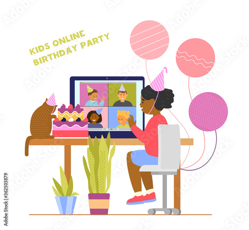 Kids online birthday party during social isolation. Different ethnicity children in birthday hats celebrating via videoconference. Flat vector illustration.