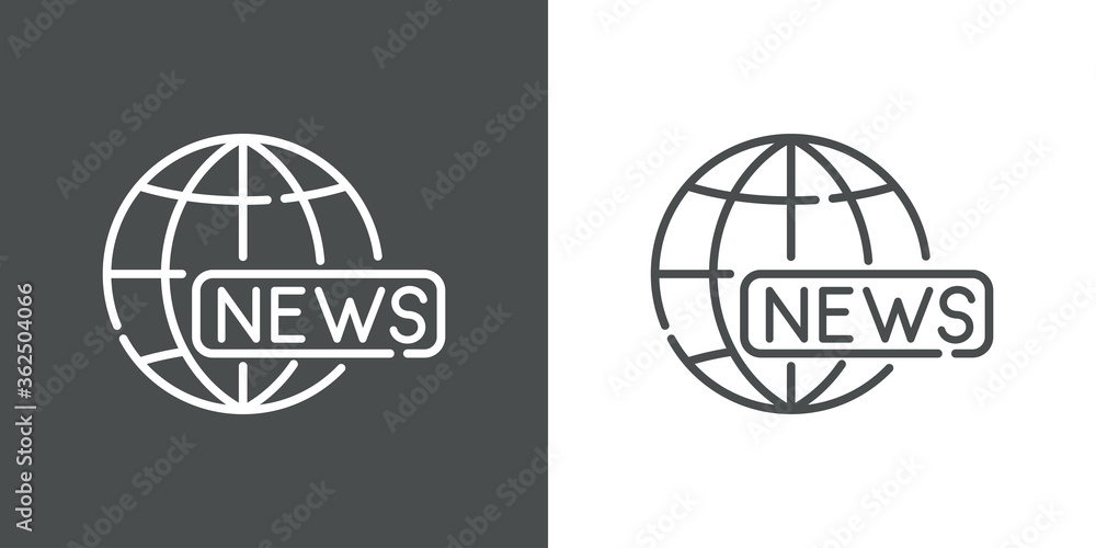 Fototapeta premium Concepto noticias en internet. Icono plano lineal palabra NEWS con globo terráqueo en fondo gris y fondo blanco