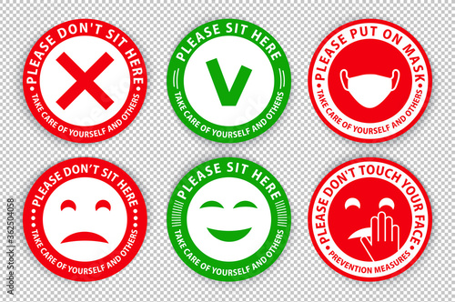 Round warning virus signs on transparent background.. Put on mask. Keep distance between people. Do not sit here. Sit here