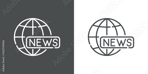 Concepto noticias en internet. Icono plano lineal palabra NEWS con globo terráqueo en fondo gris y fondo blanco