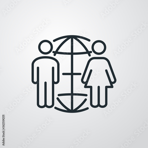 Concepto red social. Icono plano lineal globo terráqueo con hombre y mujer en fondo gris