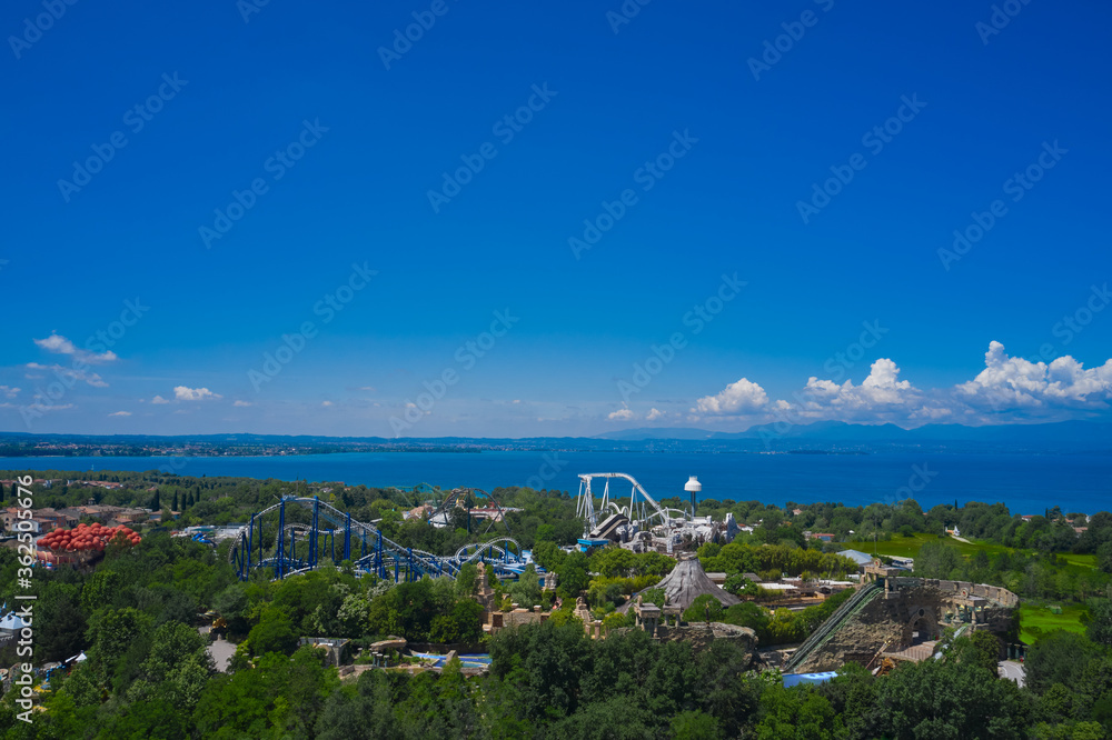Aerial photography with drone. Amusement park Gardaland, Italy.