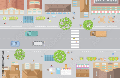 Vector illustration. Cityscape top view. Street view from above.