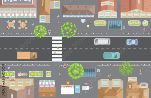Vector illustration. Cityscape top view. Street view from above.
