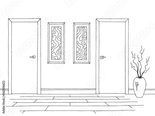 Corridor graphic black white interior sketch illustration vector