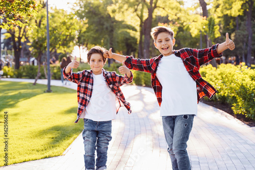 Two cute boys brothers riding skateboards in a public park on a sunny afternoon. alance, arms apart. Balancing, arms apart. Happy children of 7 and 9 years having fun on vacation photo