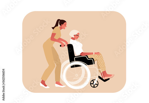 Disabled or temporary disabled stylish sick senior woman sitting in wheelchair. Nurse helps. Female character. Side view vector illustration in flat cartoon style.