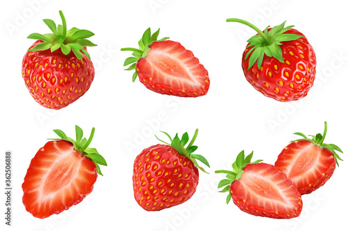 Strawberry and half isolated on white background. Fresh berry with full depth of field. Set or collection