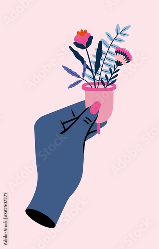 hand holding a menstrual cup with flowers, zero waste product, period illustration
