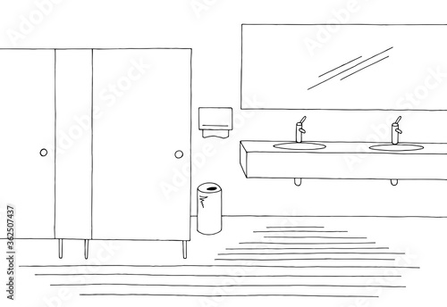 Public toilet graphic interior black white sketch illustration vector