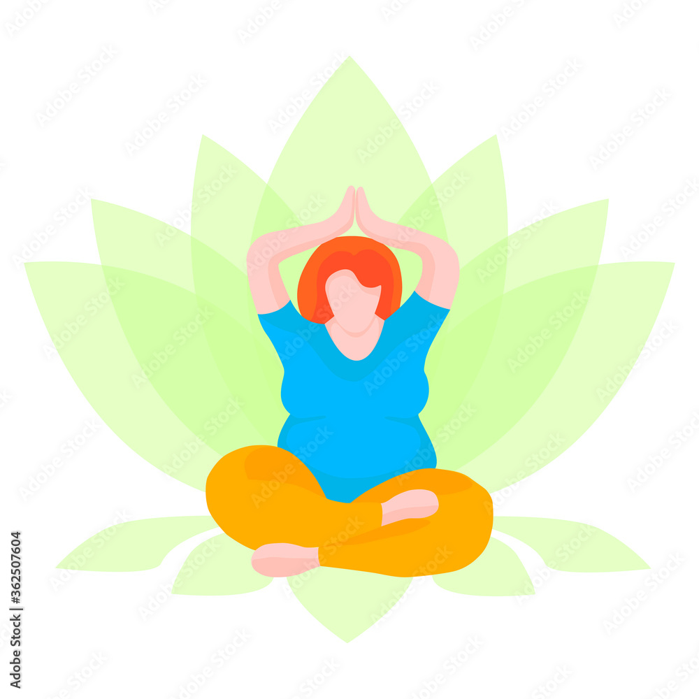 Overweight woman sitting in lotus position. Yoga for girls plus size. Happy body positive concept .Vector illustration in flat style.