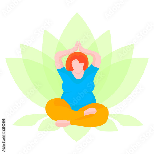 Overweight woman sitting in lotus position. Yoga for girls plus size. Happy body positive concept .Vector illustration in flat style.