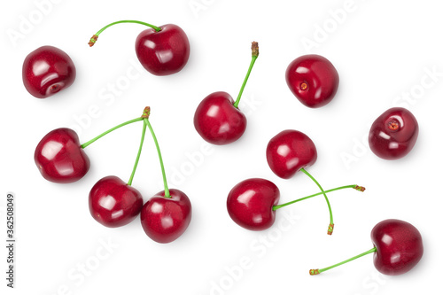 red sweet cherry isolated on white background with clipping path . Top view. Flat lay