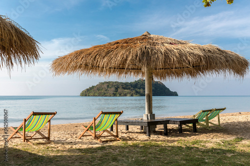 Beach Umbrella and Sunbed  Koh Mak Beach  Koh Mak island  Thailand.