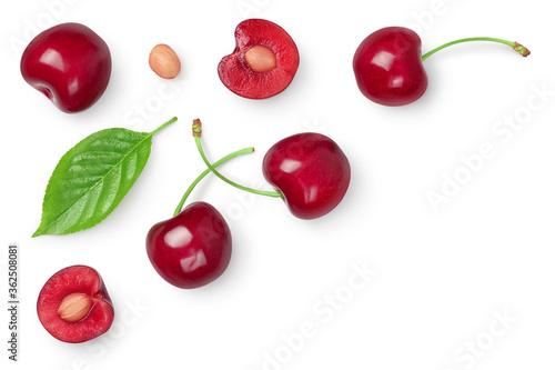 red sweet cherry isolated on white background with clipping path . Top view with copy space for your text. Flat lay