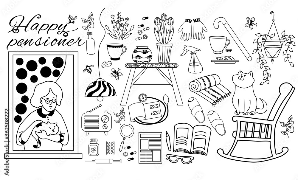 Obraz premium Icon set of an old woman with a cat in the window. The pensioner belongings are a newspaper and houseplants, a book and a tonometer, an armchair and medicine. Isolated black outline. Vector 