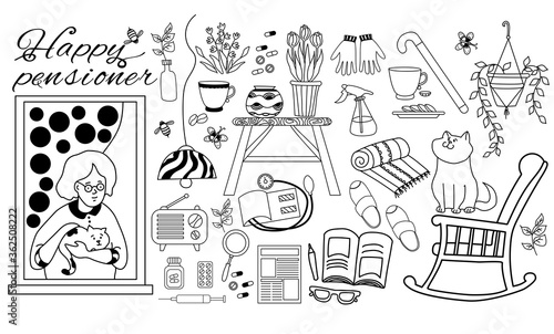 Icon set of an old woman with a cat in the window. The pensioner belongings are a newspaper and houseplants, a book and a tonometer, an armchair and medicine. Isolated black outline. Vector 