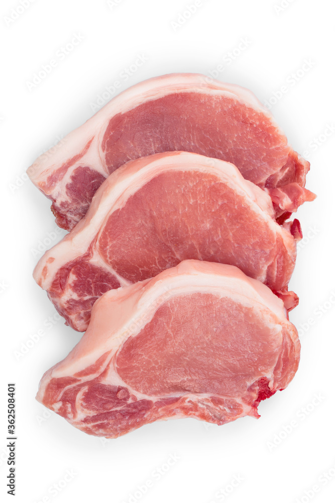 sliced raw pork meat isolated on white background. Top view. Flat lay sliced raw pork meat isolated on white background. Top view. Flat lay