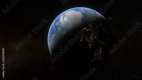 View of planet earth from space, detailed planet surface, science fiction wallpaper, cosmic landscape 3D render