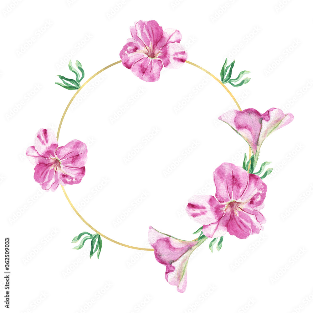 Watercolor hand painted floral round golden frame with green leaves and pink petunia flowers isolated on white. Nice wreath. Great template for greeting cards, backgrounds, invitations.