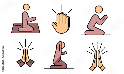 Prayer icons set. Outline set of prayer vector icons thin line color flat on white