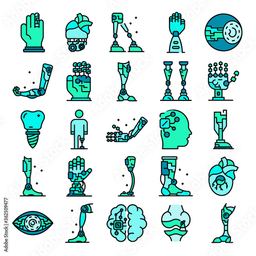 Artificial limbs icons set. Outline set of artificial limbs vector icons thin line color flat on white