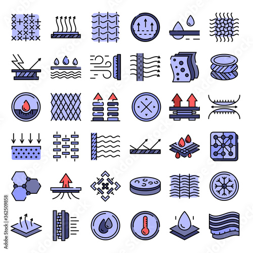 Fabric feature icons set. Outline set of fabric feature vector icons thin line color flat on white