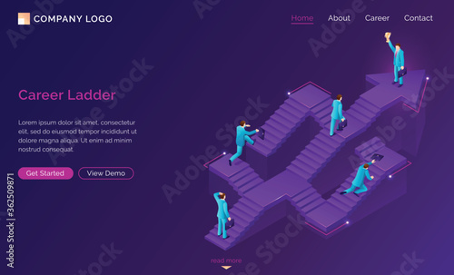 Career ladder isometric landing page. New opportunity, way to success. Businessman choose road stand at confused stairs, make decision, solution and choice for job and life path. 3d vector web banner
