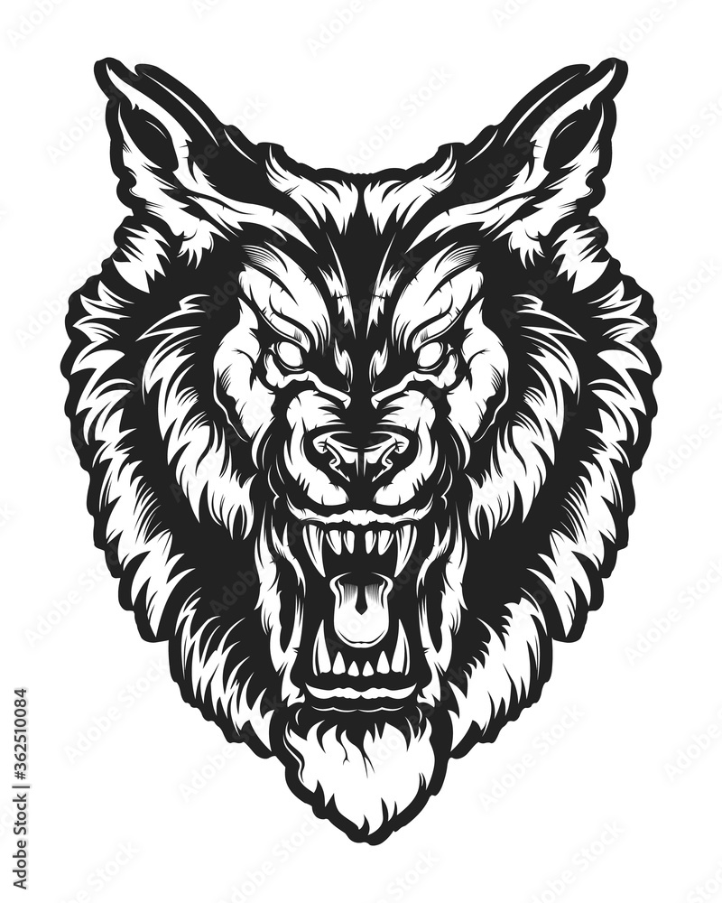Fototapeta premium Wolf face vector illustration. Angry wolf face with open mouth showing canine. Angry dog emblem.
