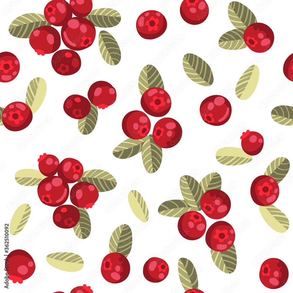 Seamless pattern with lingonberry on a white background. Hand drawn forest berries. Vector illustration of red berries in cartoon flat style Seamless pattern with lingonberry on a white background. Hand drawn forest berries. Vector illustration of red berries in cartoon flat style