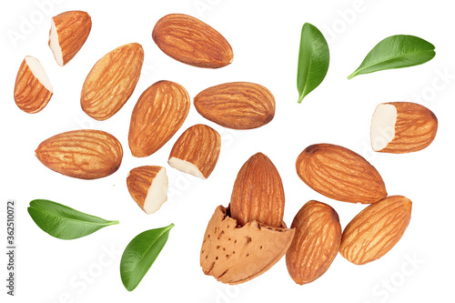 Almonds nuts with leaves isolated on white background. Top view. Flat lay