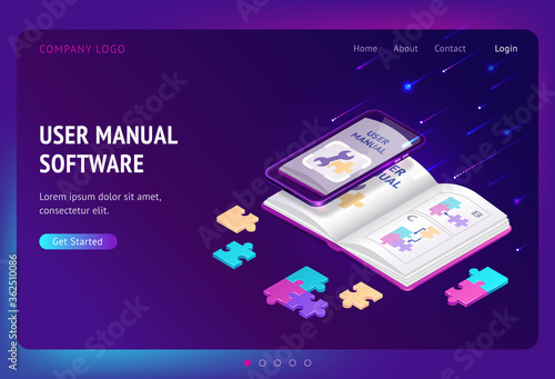 User manual software isometric landing page, guide book with tech documents on mobile phone screen. Instruction booklet, tutorial help, guidance information for gadgets, app. 3d vector web banner photo