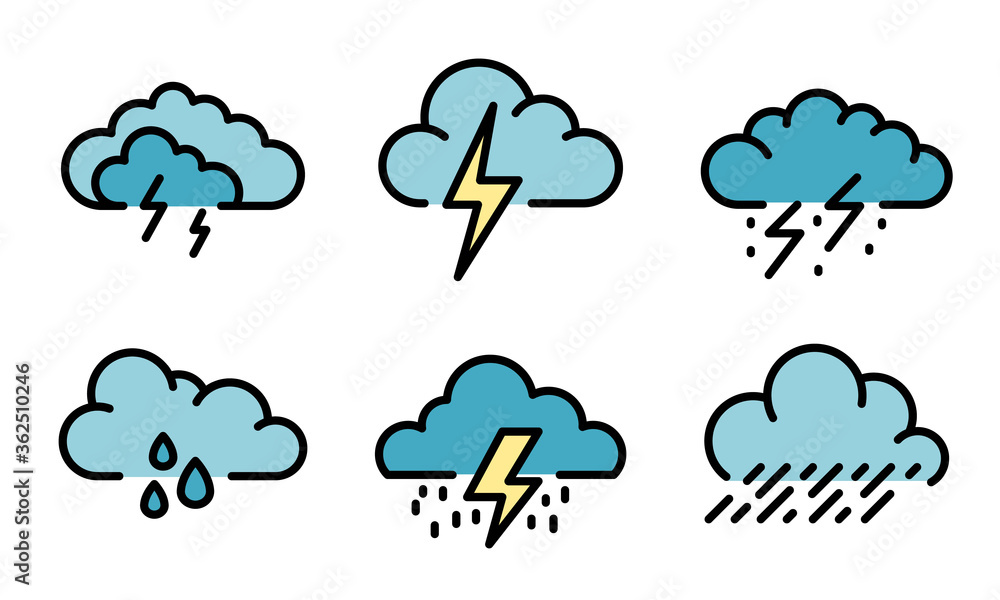 Thunderstorm icons set. Outline set of thunderstorm vector icons thin line color flat on white Thunderstorm icons set. Outline set of thunderstorm vector icons thin line color flat on white