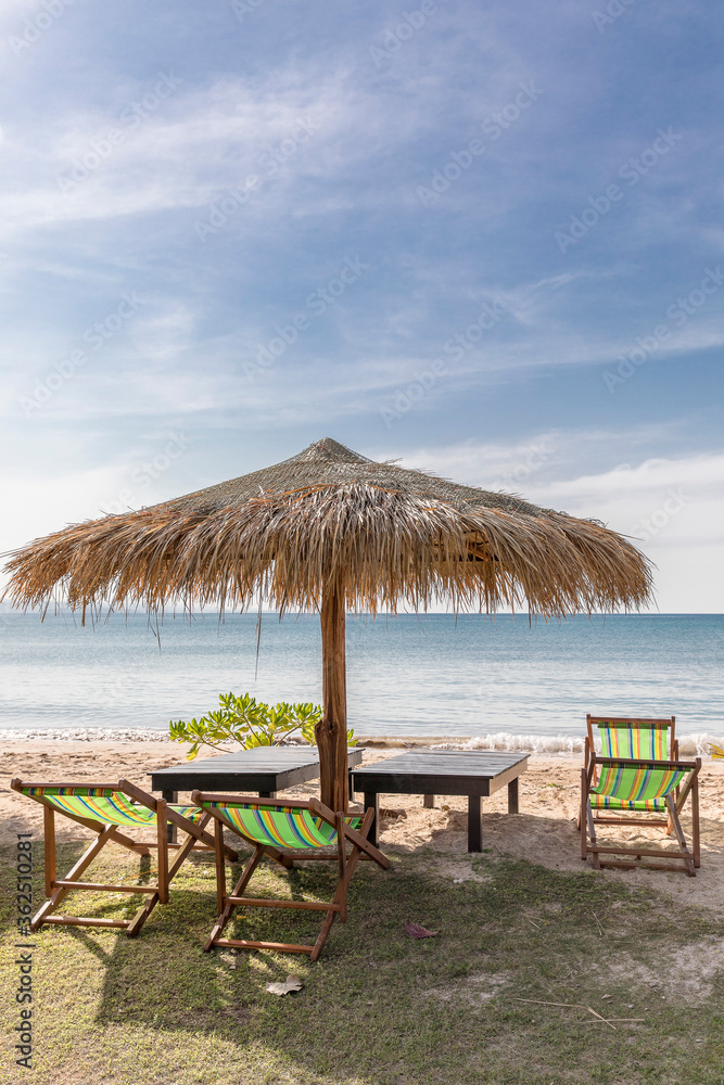 Beach Umbrella and Sunbed, Koh Mak Beach, Koh Mak island, Thailand.