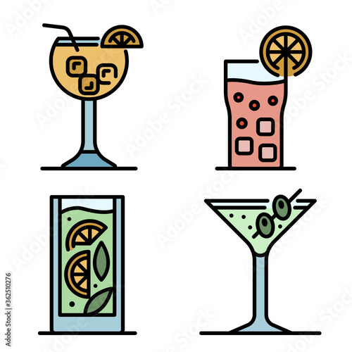 Cocktail icons set. Outline set of cocktail vector icons thin line color flat on white