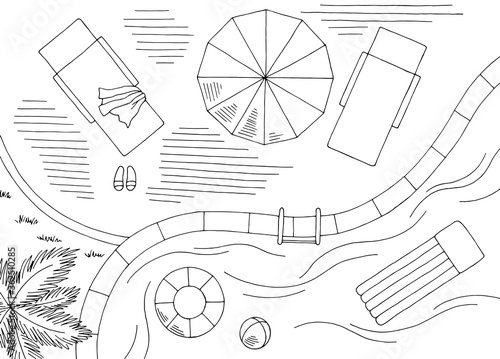 Swimming pool graphic aerial top view black white landscape sketch illustration vector
